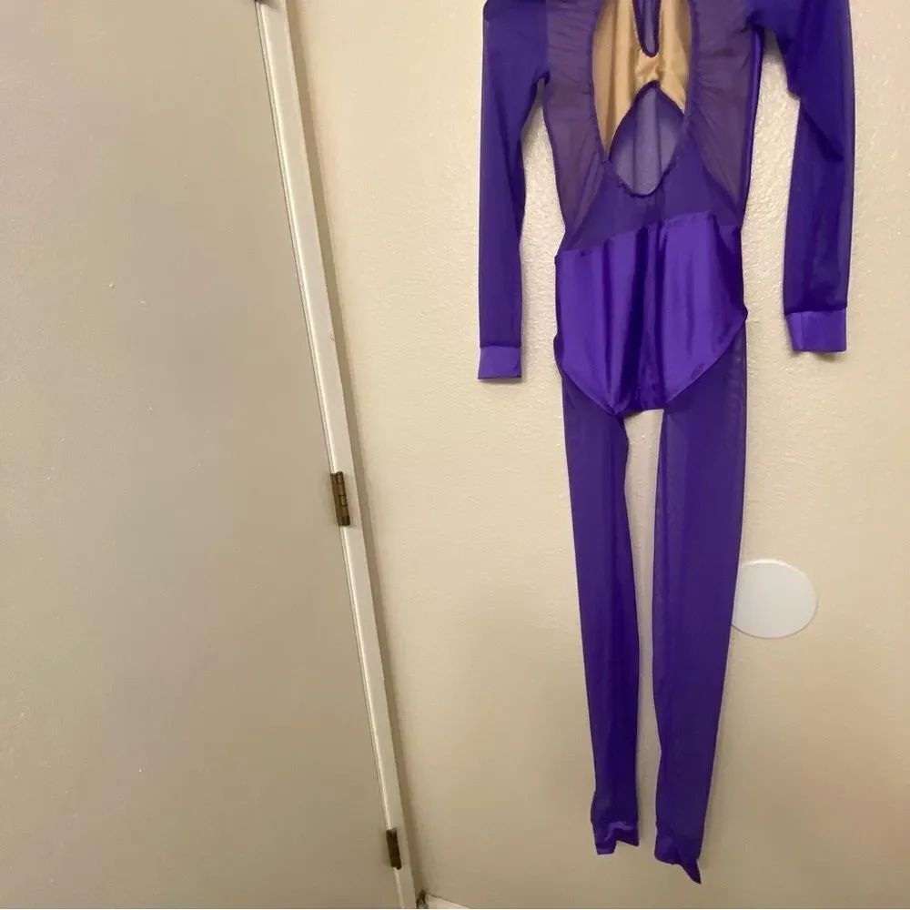 Custom solo dance costume purple unitard jumpsuit mesh  XXS adult LC child